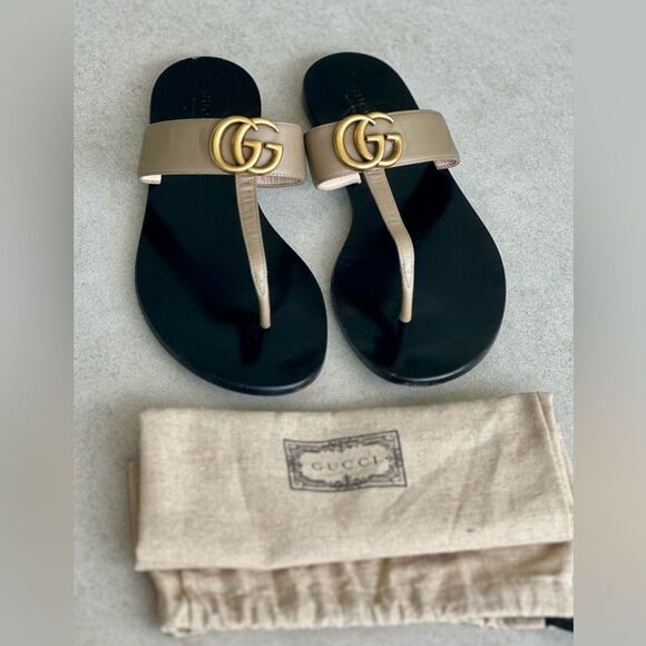 Gucci Marmont GG Thong Sandals EU 38 US 8 Brown Leather Flat Flip Flips - Picture 1 of 11